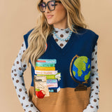 Navy Multi Books & Globe V Neck Knit Tank | Queen Of Sparkles
