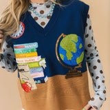 Navy Multi Books & Globe V Neck Knit Tank | Queen Of Sparkles