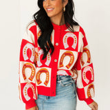 Hot Pink Checkered Horse Shoe Button Up Sweater | Queen Of Sparkles