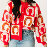 Hot Pink Checkered Horse Shoe Button Up Sweater | Queen Of Sparkles