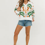 White Palm Tree & Jaguar V Neck Sweatshirt | Queen Of Sparkles