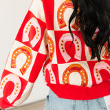 Hot Pink Checkered Horse Shoe Button Up Sweater | Queen Of Sparkles