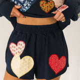 Navy Multi Embroidered Hearts Short | Queen Of Sparkles