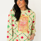 Light Green Multi QOS Card Logo & Suits Sweater | Queen Of Sparkles