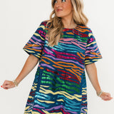 Denim W/ Rainbow Tiger Short Sleeve Dress | Queen Of Sparkles