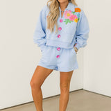 Dusty Blue Jewel Button Flower & Sunglasses in Pocket Collar Sweatshirt | Queen Of Sparkles