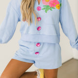 Dusty Blue Jewel Button Flower & Sunglasses in Pocket Collar Sweatshirt | Queen Of Sparkles