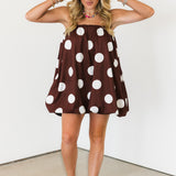 Strapless Bubble Mini Dress | Brown Polka Dot