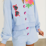 Dusty Blue Jewel Button Flower & Sunglasses in Pocket Collar Sweatshirt | Queen Of Sparkles