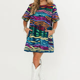 Denim W/ Rainbow Tiger Short Sleeve Dress | Queen Of Sparkles