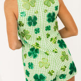 Green & White Plaid Rhinestone Shamrock Tie Romper | Queen Of Sparkles