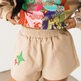 Beige Colorblock Bandana QOS Card Logo Short | Queen Of Sparkles