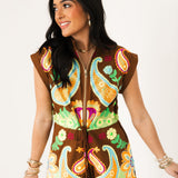 Brown & Neon Paisley Zip Up Romper | Queen Of Sparkles