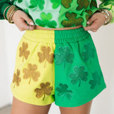 Green Colorblock Rhinestone Shamrock Short | Queen Of Sparkles