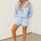 Dusty Blue Jewel Button Flower & Sunglasses in Pocket Collar Sweatshirt | Queen Of Sparkles
