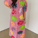 Pink Gingham Multi Flower Button Up Cotton Midi Dress | Queen Of Sparkles