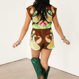 Brown & Neon Paisley Zip Up Romper | Queen Of Sparkles