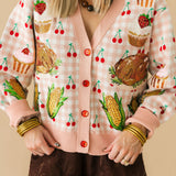 Light Pink Checkered Thanksgiving Dinner & Cherry Cardigan | Queen Of Sparkles