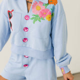 Dusty Blue Jewel Button Flower & Sunglasses in Pocket Collar Sweatshirt | Queen Of Sparkles