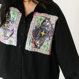 Black Queen Card & Sparkle Collar Button Up Cotton Top | Queen Of Sparkles