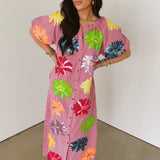 Pink Gingham Multi Flower Button Up Cotton Midi Dress | Queen Of Sparkles