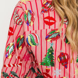 Light Pink & Red Stripe Christmas Icons Cotton Short | Queen Of Sparkles