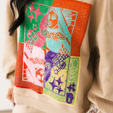 Beige Colorblock Bandana QOS Card Logo Sweatshirt | Queen Of Sparkles