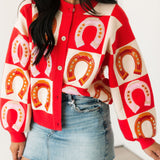 Hot Pink Checkered Horse Shoe Button Up Sweater | Queen Of Sparkles