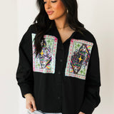 Black Queen Card & Sparkle Collar Button Up Cotton Top | Queen Of Sparkles