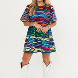 Denim W/ Rainbow Tiger Short Sleeve Dress | Queen Of Sparkles