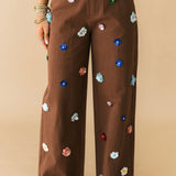 Brown Multi Sequin Flower Barrel Jeans | Queen Of Sparkles