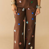 Brown Multi Sequin Flower Barrel Jeans | Queen Of Sparkles