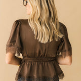 Lace Trim Satin Top | Brown