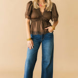 Lace Trim Satin Top | Brown
