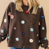 Brown Multi Sequin Flower QOS Card Logo Pocket Rhinestone Tie Sweatshirt | Queen Of Sparkles