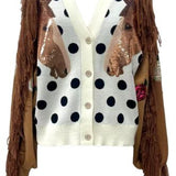 White & Black Polka Dot Rose & Fringe Horse Sleeve Button Up Cardigan | Queen Of Sparkles