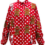 Red & White Polka Dot Gingerbread Man & Stocking Botton Button Up Top | Queen Of Sparkles