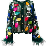 Dark Green Crochet Multi Christmas Light Feather Sleeve Top | Queen Of Sparkles