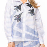 White & Blue Striped Blue Angels Cotton Button Up Top | Queen Of Sparkles