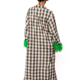 Red & Green Plaid Rhinestone Feather Sleeve Midi Dress | Queen Of Sparkles
