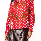 Red & White Polka Dot Gingerbread Man & Stocking Botton Button Up Top | Queen Of Sparkles