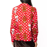 Red & White Polka Dot Gingerbread Man & Stocking Botton Button Up Top | Queen Of Sparkles
