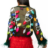 Dark Green Crochet Multi Christmas Light Feather Sleeve Top | Queen Of Sparkles