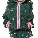 Charcoal Evergreen & Pink Rhinestone Zip Up Fleece | Queen Of Sparkles
