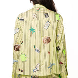 Green Striped Travel Icon Button Up Long Sleeve Top | Queen Of Sparkles